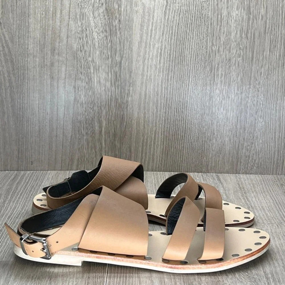 SOL SANA Sandals Womens Sz 40 Gladiator Ankle Strap Slip On Flats Leather Beige - Picture 1 of 9